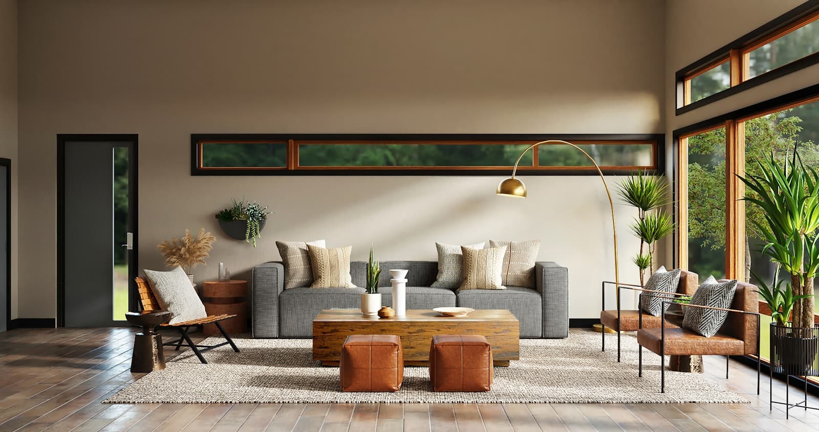 The studio lounge: linen sofas beneath a high band of clerestory windows